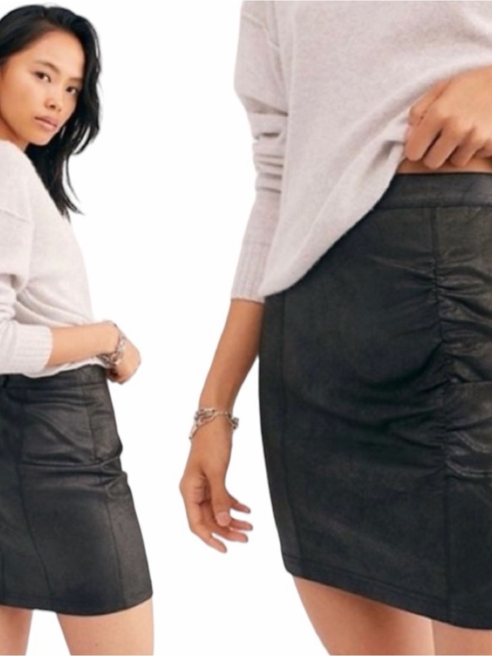 Free People Black Faux Leather Ruched Mini Skirt